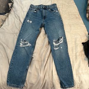 Zara denim jeans, distressed baggy mom jean fit.